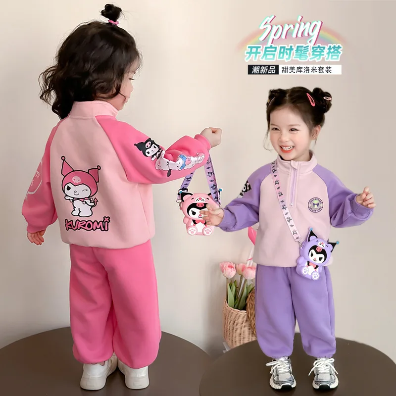 

Повседневный комплект для девочек Kuromi, толстовка с высоким воротом и брюки, комплект из двух предметов, студенческая хлопковая спортивная одежда, спортивные штаны, детская одежда