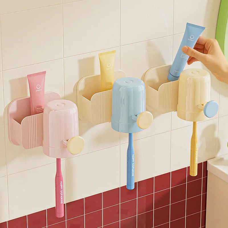 Bathroom Wall-Mounted Toothpaste Storage Rack Simple Design No-Drilling Required Toothbrush Cup Holder Modern Minimalist Orga...