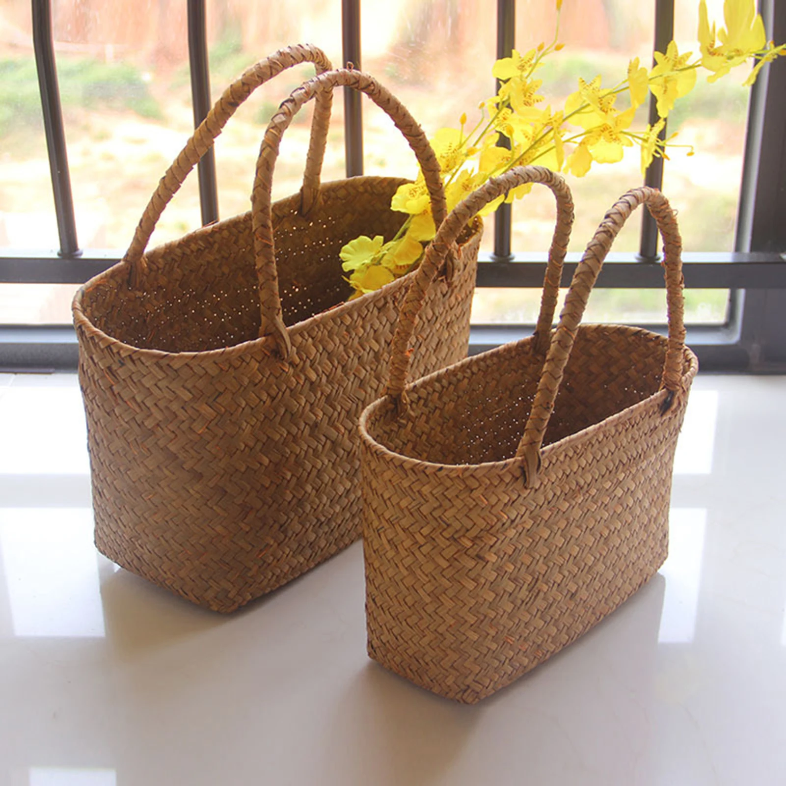 Cesta tejida de algas marinas, cesta de flores hecha a mano, bolso bohemio de playa, organizador de almacenamiento para decoración del hogar, artesanía DIY para fiesta de boda