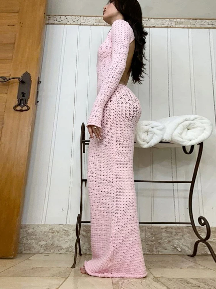 Sexy Backless Cut Out Knit Long Sleeve Slim Maxi Dresses 2024 Summer Beachwear Bikini Cover-ups Women Evening Party Dress A2777