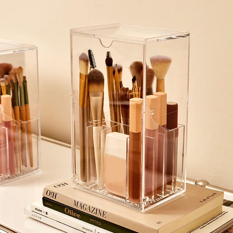 ฝาปิดด้านหน้าแปรงแต่งหน้า CLEAR เครื่องสําอางค์แปรงอะคริลิคแปรงแต่งหน้าผู้ถือ Slant โต๊ะแต่งหน้าเครื่องมือคอนเทนเนอร์
