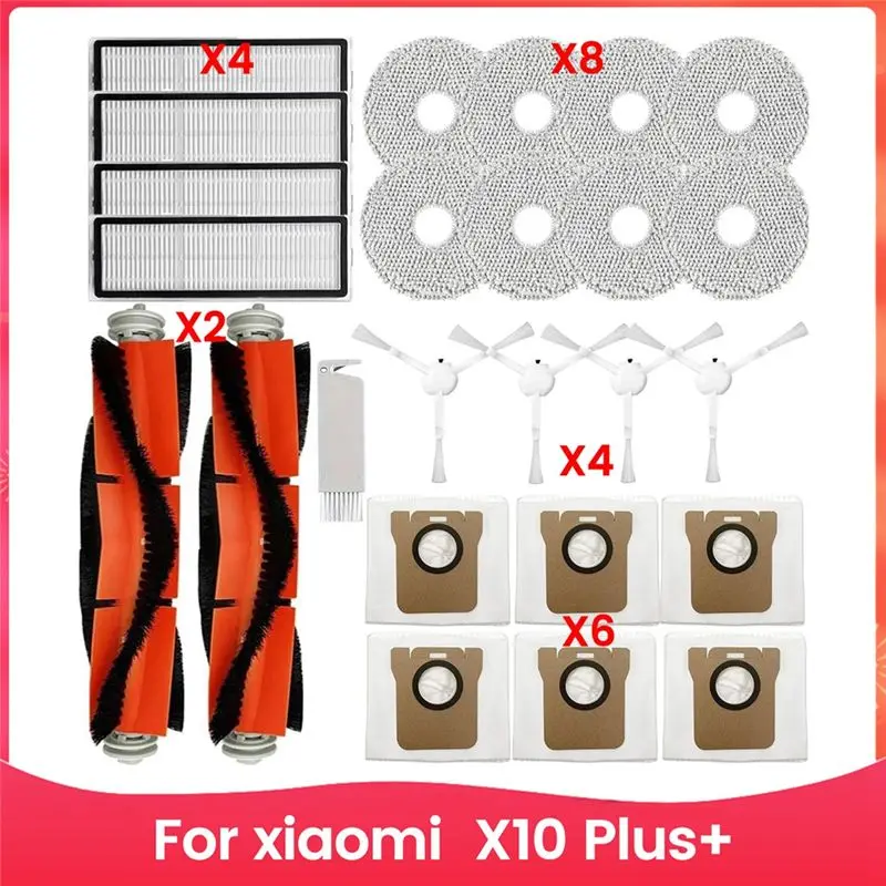 

Запасные части и аксессуары для X10 Plus+: основная и боковые щетки, HEPA-фильтр, тряпка для уборки, мешки для сбора пыли, сменные комплектующие.
