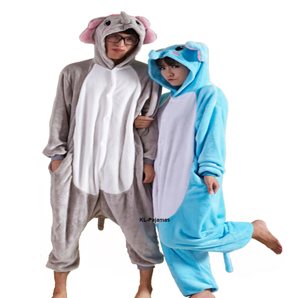 Grey Elephant Couples Pajamas Sets Women Winter Cute Animal Onesies Men One Piece Cosplay Costume Sleepwear Suit Flannel Pijamas