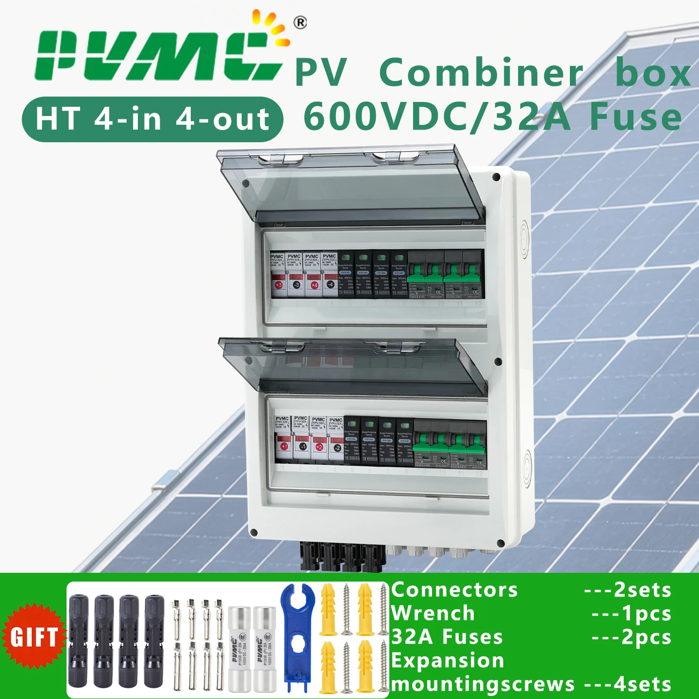 PVMC Solar Photovoltaic PV Combiner Box With Lightning Protection 4 Input 4 Out DC 600V Fuse MCB SPD Waterproof Box IP65 24ways