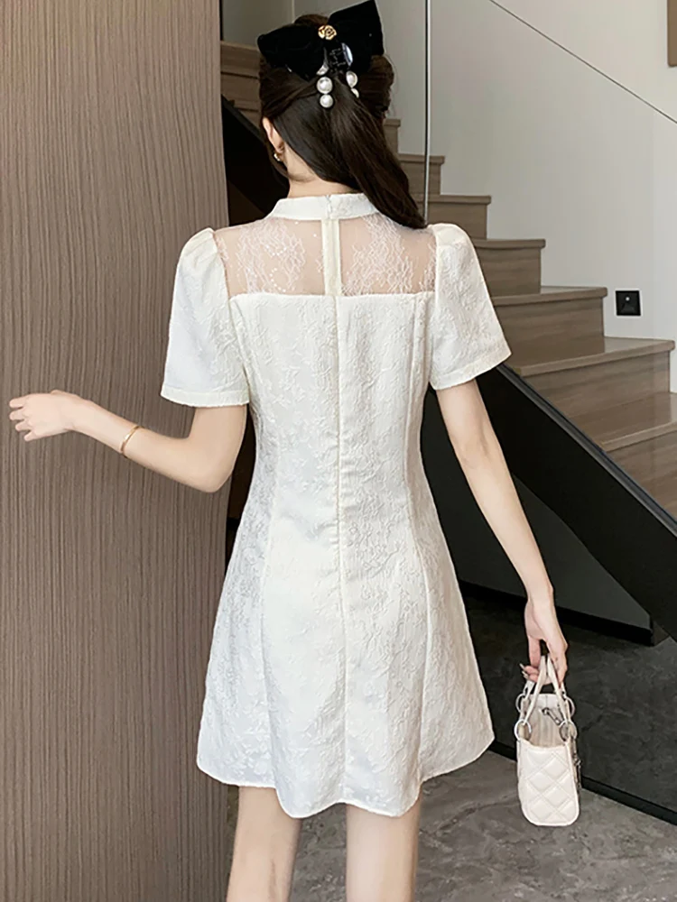 2025 blanc Jacquard Patchwork dentelle évider Sexy Mini robe femmes élégant décontracté maison robe été coréen moulante robe de soirée