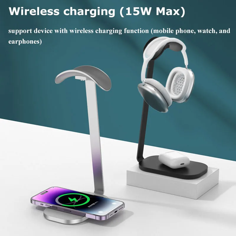 Aluminum Alloy Headphone Stand Desktop 15W Wireless Phone Charging Headset Holder Gaming Earphone Display Shelf Anti-slip Base