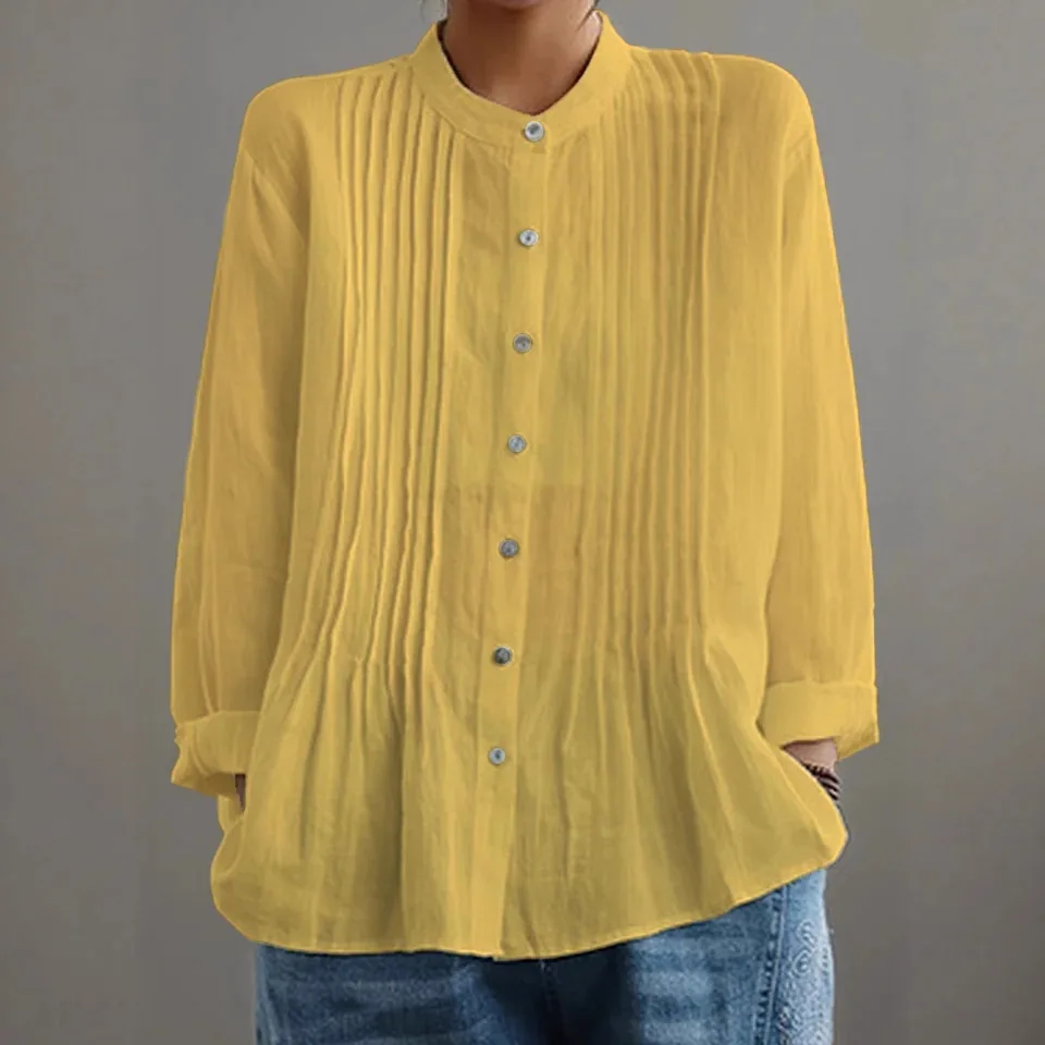 

Round Neck Single Breasted Solid Color Sleeve Small Stand Collar Shirt Women's Spring Summer Versatile Cardigan Temperament Top