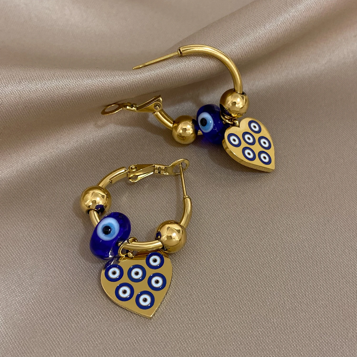 FLASHBUY Stainless Steel Turkish Devil Eye Heart Pendant Earrings For Women Fashion Ear Buckle Waterproof Jewelry