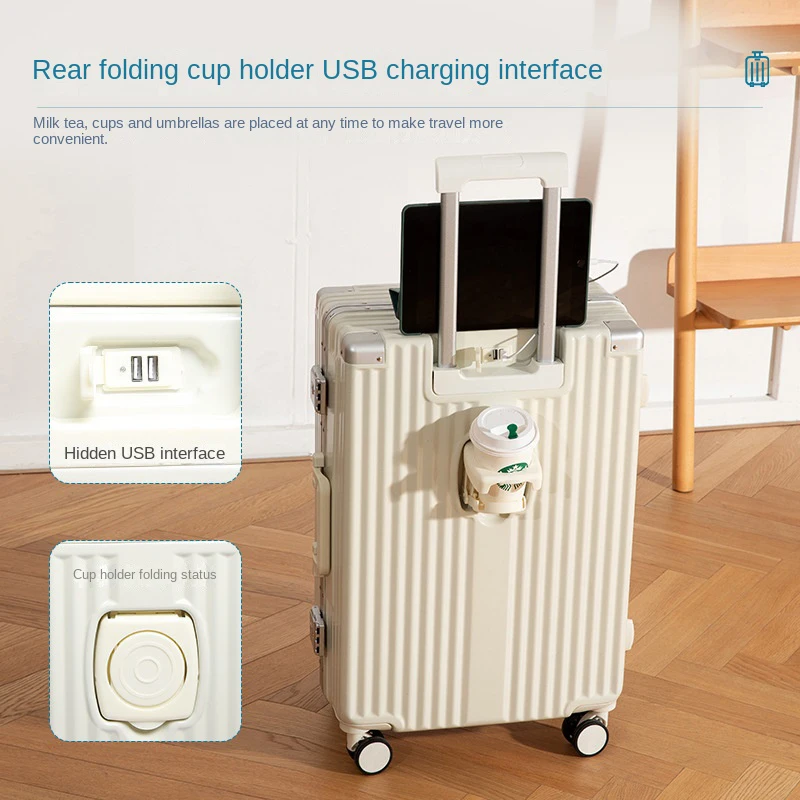 Bagaglio multifunzionale con telaio in alluminio con portabicchieri USB Trolley donna 20 24 26 pollici valigia d'imbarco bagaglio a rotelle