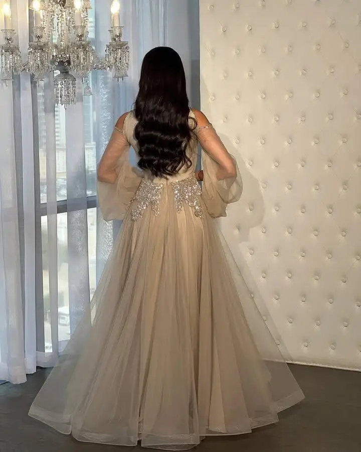 맞춤형 V넥 이브닝 드레스 풀 슬리브 튤 A라인 롱 프롬 가운 글리터 스팽글 비딩 플로어 길이 파티 드레스