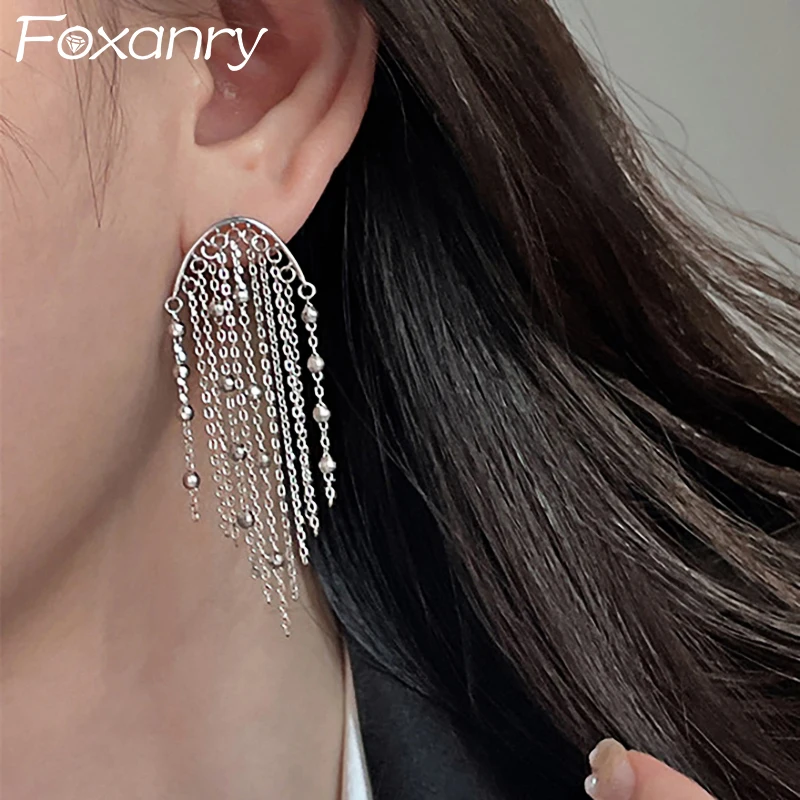 Foxanry Prevent Allergy Chain Tassel Stud Earrings for Women Couples Trendy Elegant Geometric Handmade Wedding Bride Jewelry