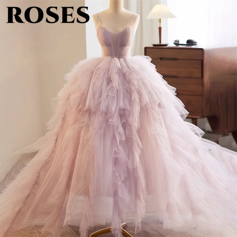 

ROSES Lilac Tulle Long Party Dress A Line Vintage Tiered Pleat Night Dresses Spaghetti Strap Celebrity Dress vestidos de fiesta