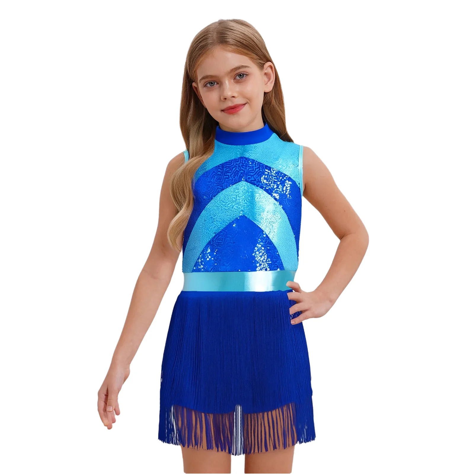 Costume de spectacle de danse Jazz latine pour enfants filles, robe lyrique sans manches à paillettes brillantes et glands pour vêtements de danse sur scène latine Cha-cha