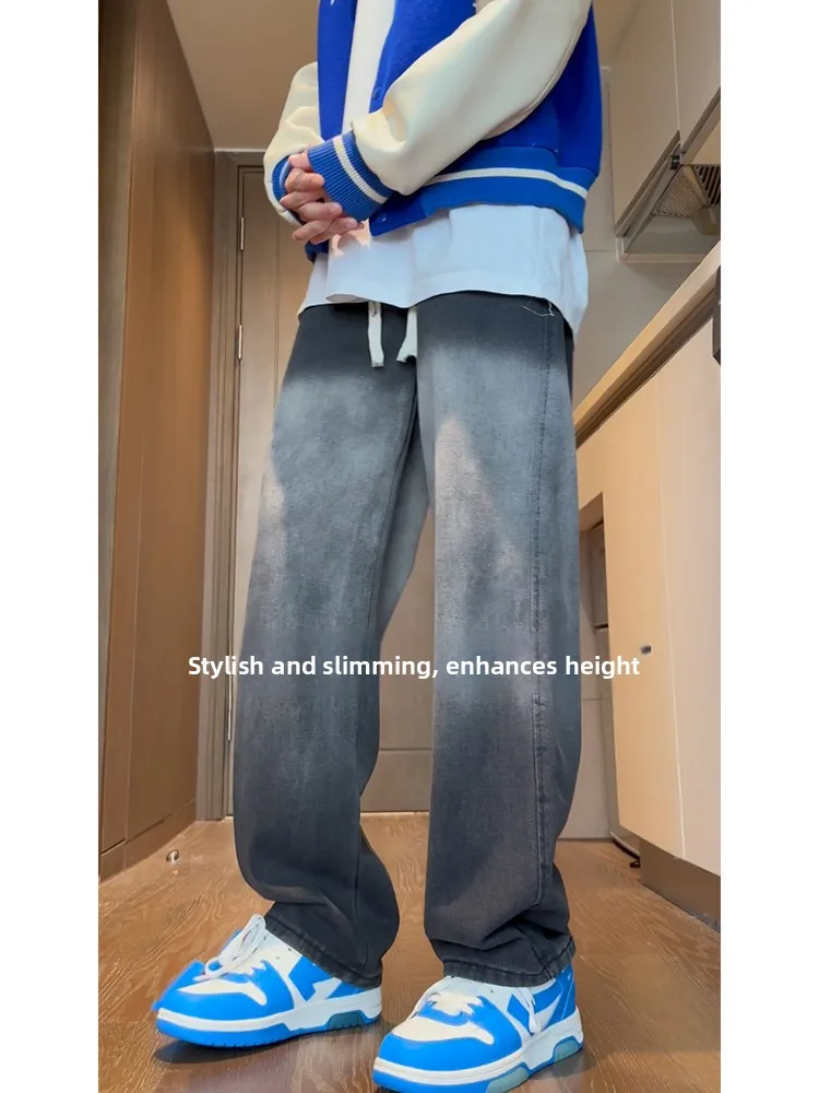 

Мужские джинсы с эластичной резинкой на талии, весенне-осенние adient, прямые брюки, свободный крой, американский ретро, модный бренд, молодежный