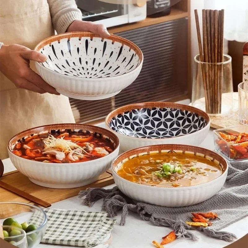 9-inch Large Soup Bowl Japanese Retro Porcelain Tableware Creative Ceramic Bowl Large Capacity Soup Pot Home Kitchen Supplies