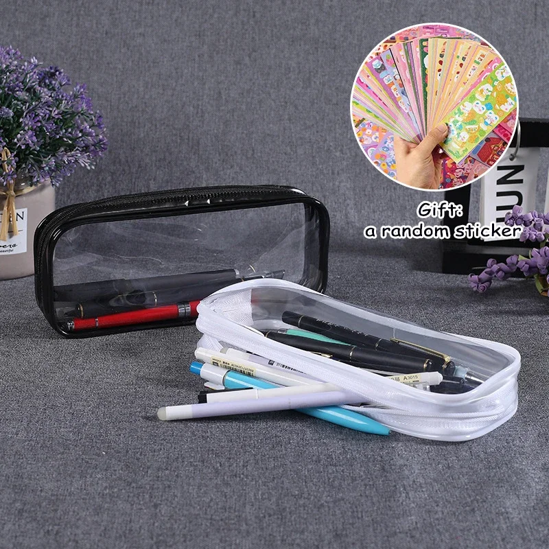 PVC Pencil Case Transparent Zipper Large Capacity Simple Black and White Pencil Bag for School Office Stationery Supplies