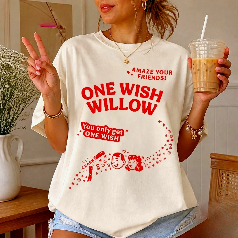 One Wish Willow Shirt | Retro Indie Movie Graphic Tee Cult Film Merch T-Shirt | Ironic Vintage Slogan Birthday Gift Cotton Tops