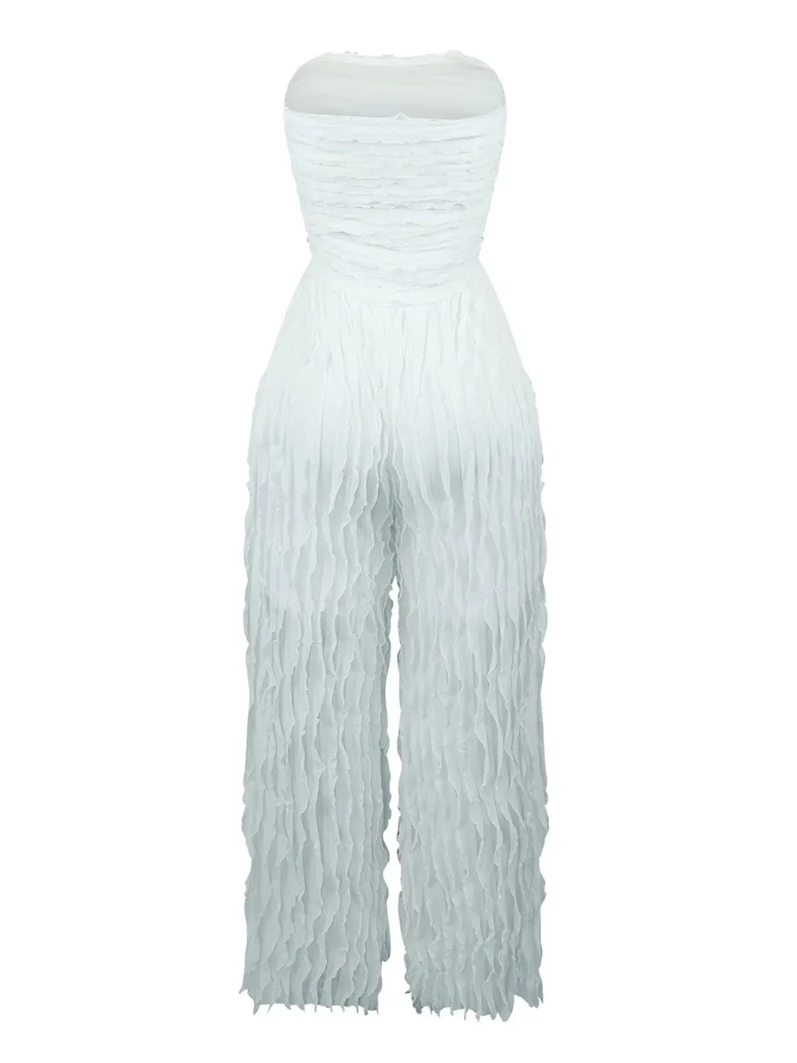 LW Off The Shoulder Waffle Knit See Through Jumpsuit Women Fall Outfit Small Ruffles Strapless Sleeveless One Piece Outfit