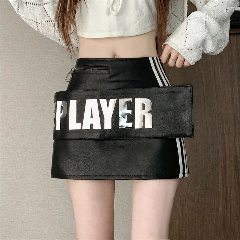 Women Faux Leather Mini Skirt Y2K American Streetwear Letter Print Flap Design 3‑Stripes High Waist A‑Line Short Skirt