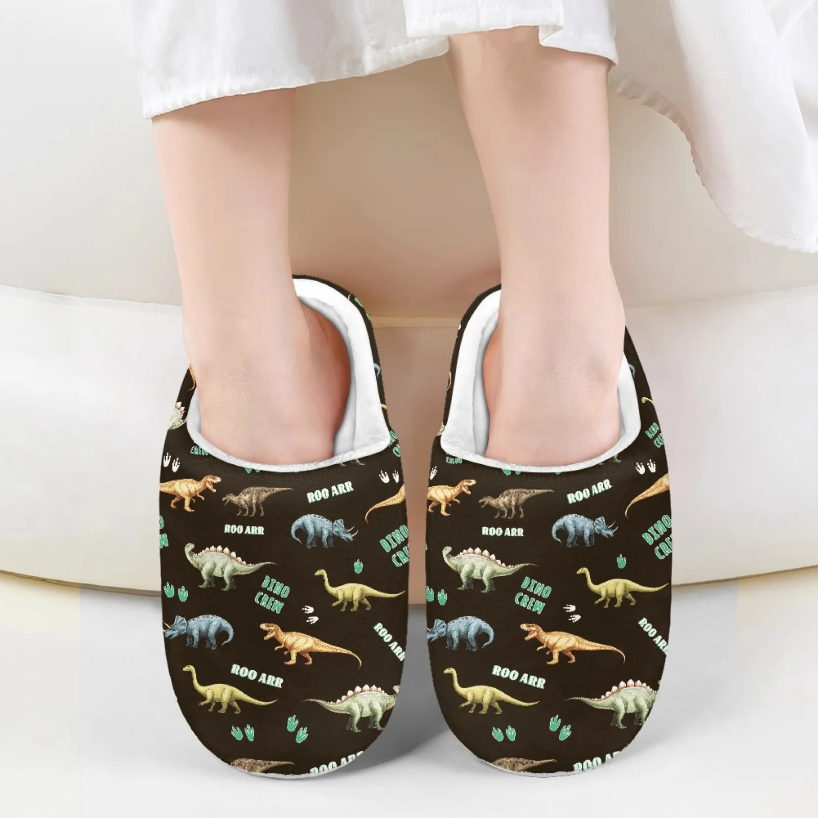 Cartoon Dinosaur Print Flannel Home Slippers Kids Half Shoes For Boys Girls Winter Slip-On Indoor Shoes Bedroom Children Slides