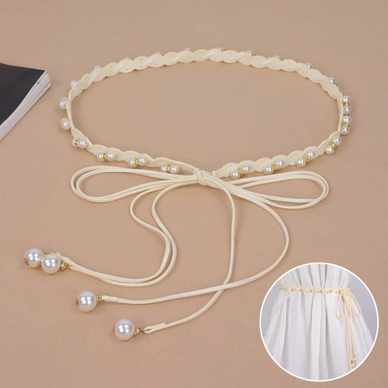 New Elegant Women'S Pearl Beads Belts Metal Thin Waist Belts Slim Chain Belt Decorative Waistband Dress Accessories