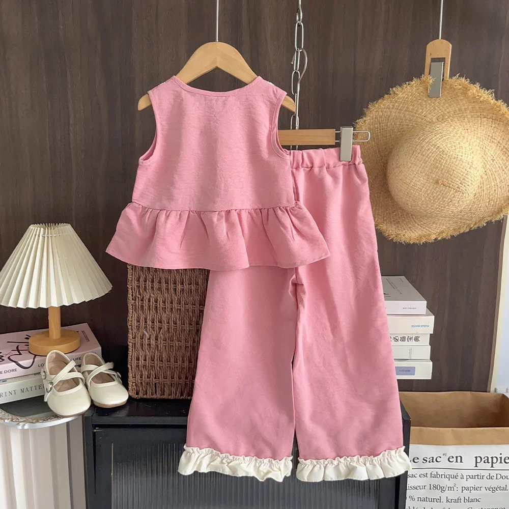Korean Version Pink Round Neck Single Breasted Bow Lace Decorative Top+pants Two-piece Set for Girls Aged 3-7