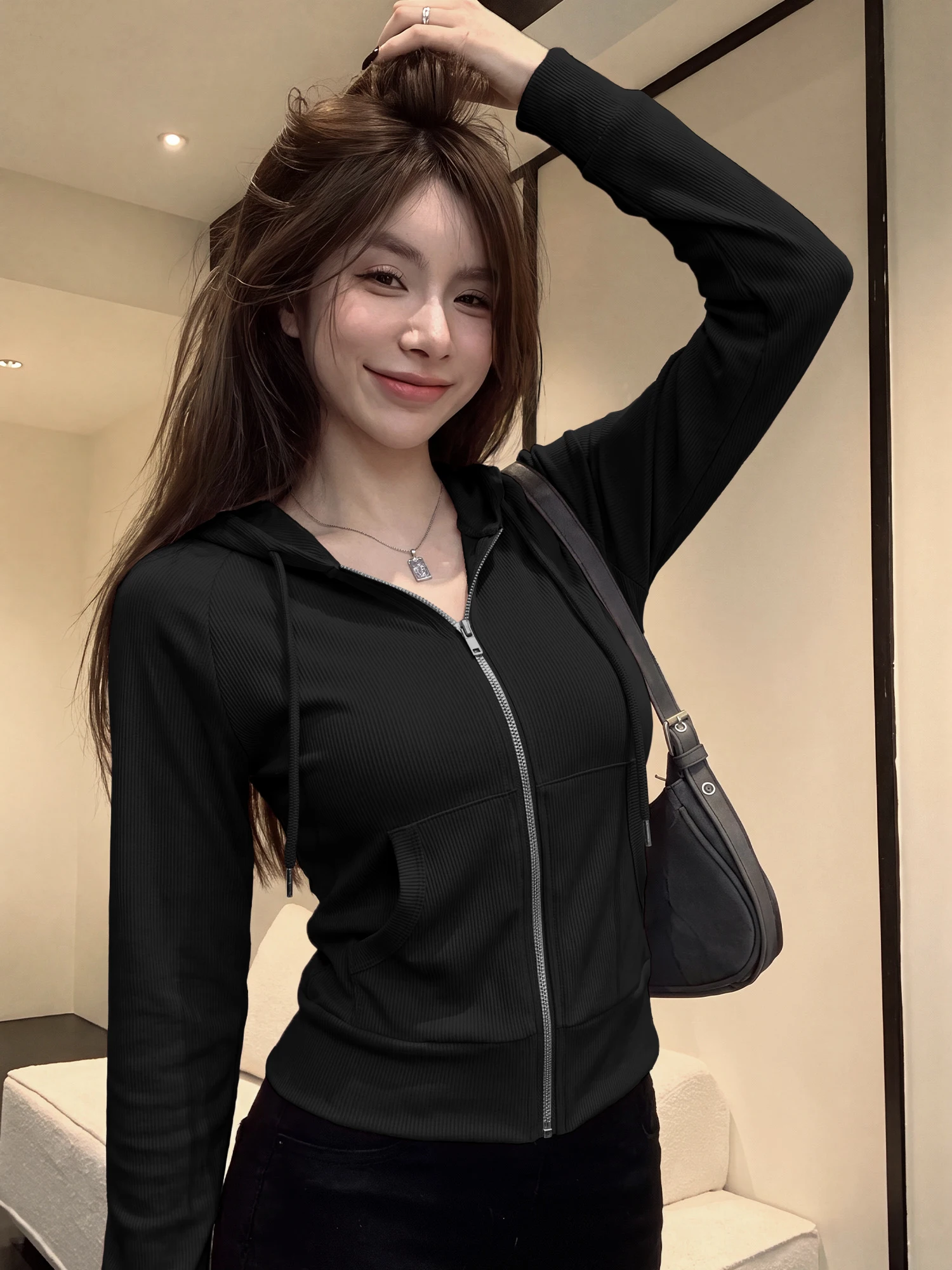 Stretchy Form‑Fitting Zip‑Up Hooded Coat, Cropped Rib Knit Outer for Yoga & Outdoor Activity