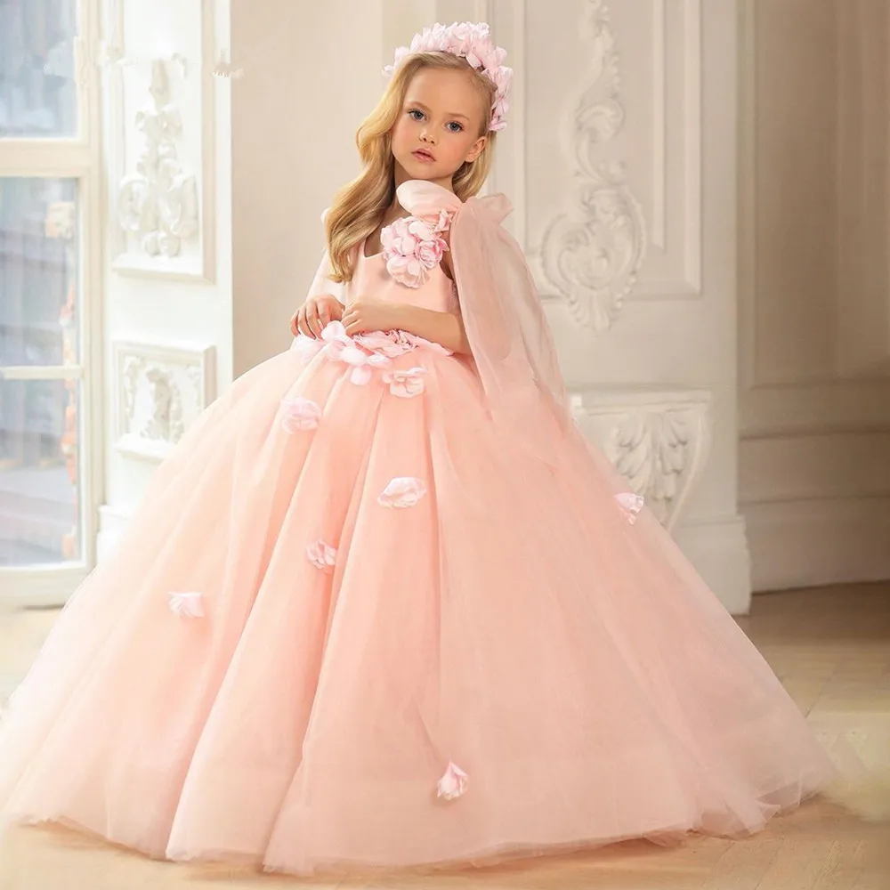 

Pink Flower Gril Dress For Wedding Puffy Tulle Sleeveless Kids Party Birthday Pageant Evening First Communion Ball Gowns