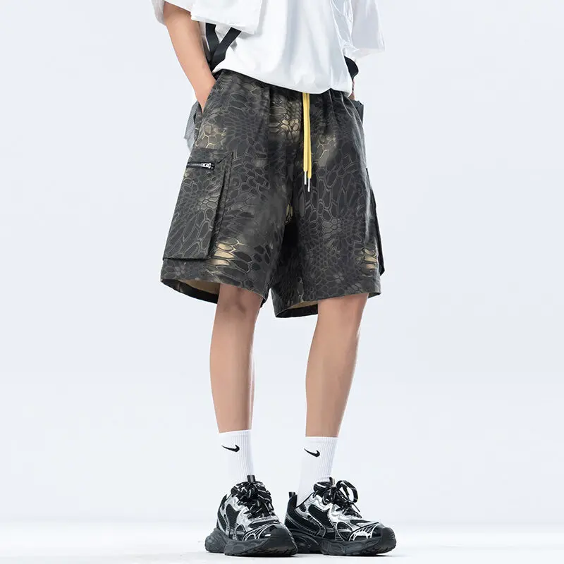 Men Camo Shorts Elastic Waist Drawstring Large Pockets Outdoor Sports Casual Cargo Comfortable Summer Hiking Active Wear Relaxed