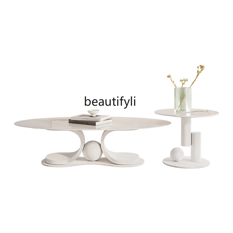 

Cream Style Tea Table Combination Simple Modern Nordic Designer Special-Shaped Light Luxury Stone Plate Tea Table Silent Style