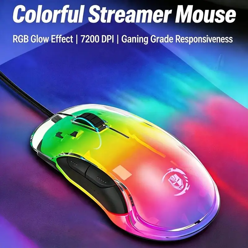 Esports Transparent Wired Mouse Colorful RGB LED Strip Driver Adjustable DPI 800-7200 High Speed Response Ergonomics Lightweight