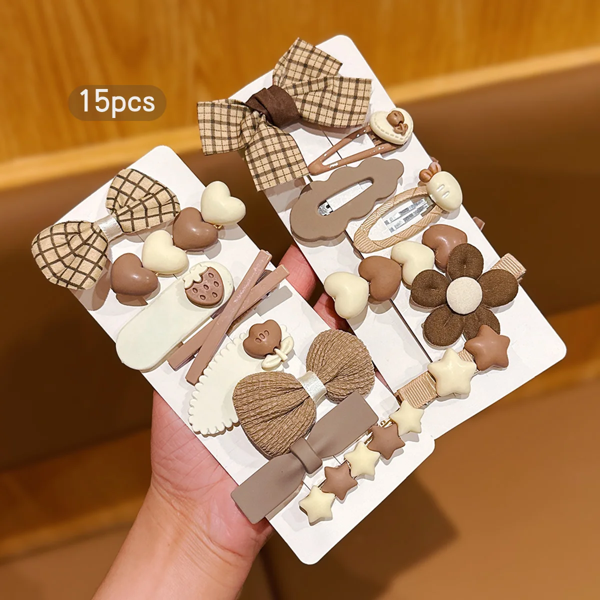 15 koffiekleurige haarclips met strik en eenvoudige clips geschikt voor dagelijkse haaraccessoires