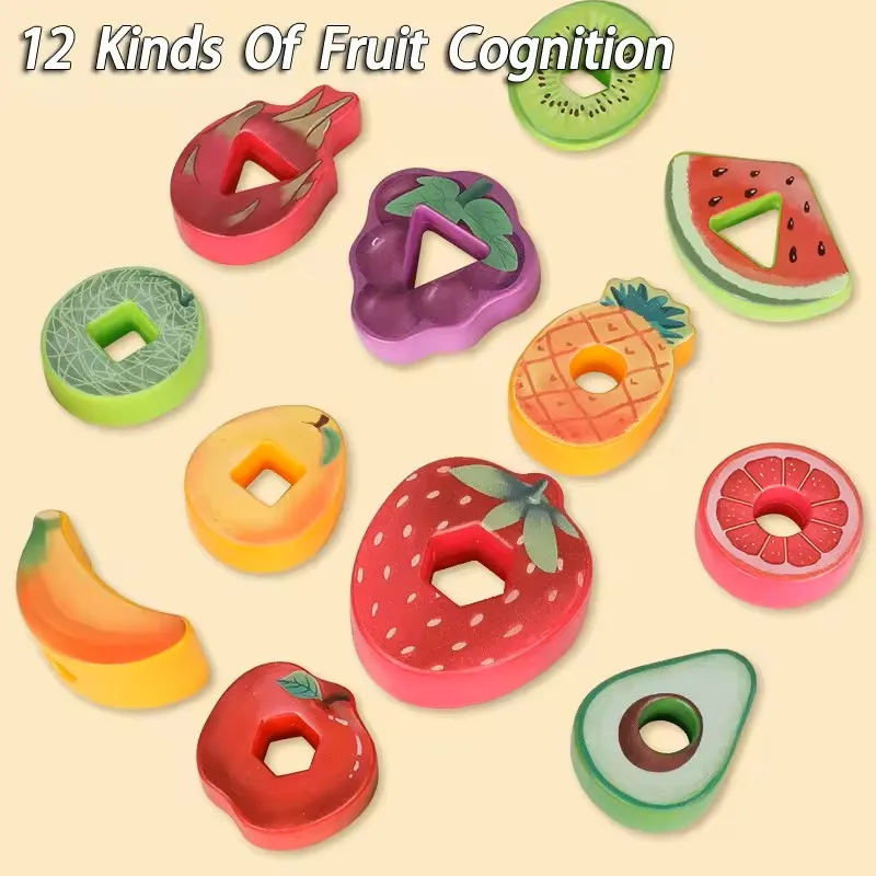 Montessori Threading Speelgoed voor peuters, Fruitvorm Afbeelding Cognitie Leren, Classificeren en stapelen Fijne motoriek Speelgoed