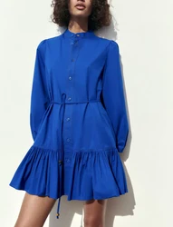 Garaouy 2023 Summer Women's Casual Versatility Shirt Dress Female Single Breasted Belt Mini Dresses Blue Loose Sundress Vestidos