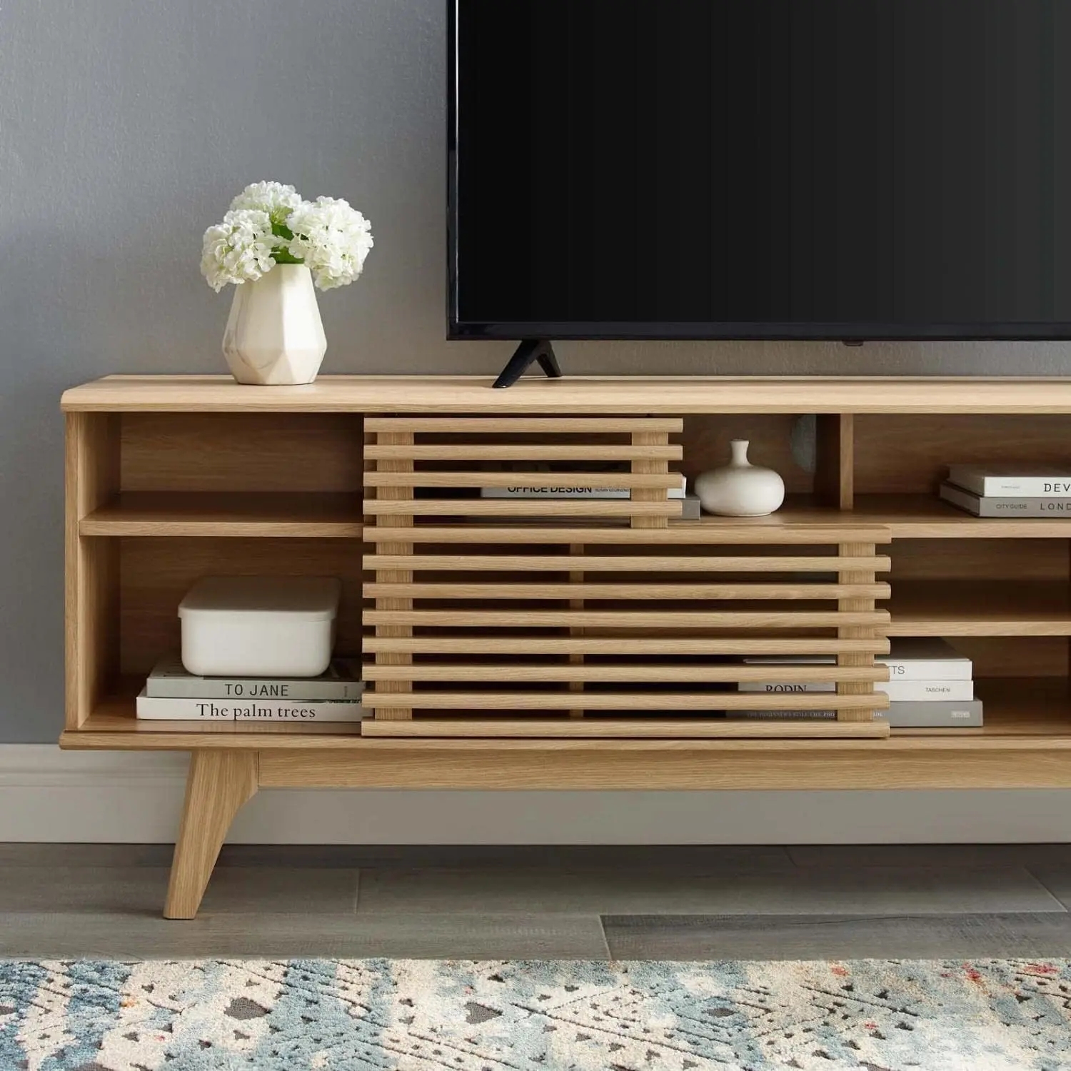 Render Mid-Century moderne laag profiel 71 inch mediaconsole tv-standaard in eikenhout, 71"