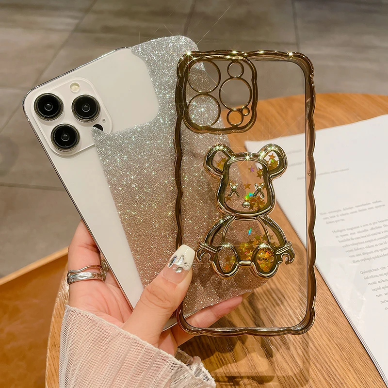 Glitter Glow Teddy Bear Case for iPhone Shockproof Luxury Cover Quicksand 15 14 Plus 13 Pro Max 12 Pro 11 X XR XS Max