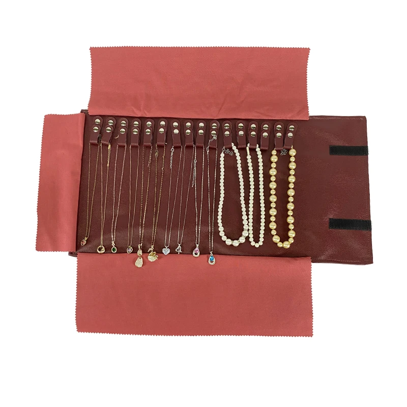 

Jujube Red PU Leather Necklace Storage Roll Bag Travel Convenient Storage Bag Jewelry Necklace Pendant Storage Display Props