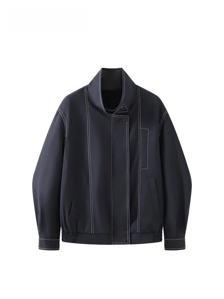 

plus Size Women's Long Sve Stand Collar Jaet Loose Fit Slimming Outerwear Trendy Polyester Fiber Zipper Closure Coat