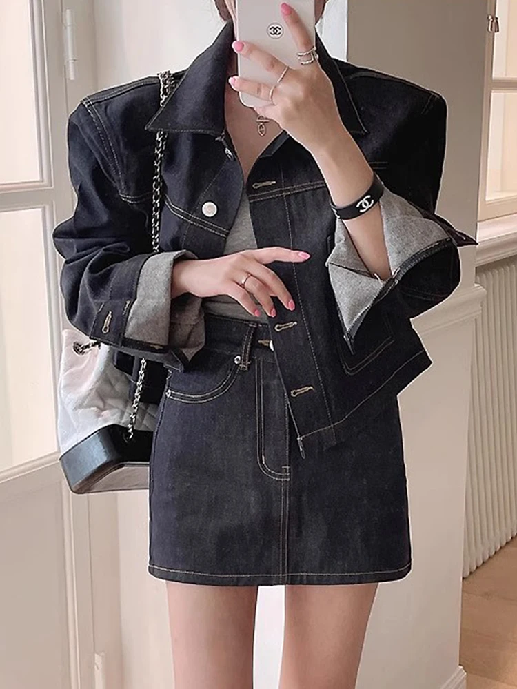 

Chic Vintage Spring Long Sve Denim Jaet High Waist Bodycon Skirt Set Faionable Embroidery Design Women's Outfit