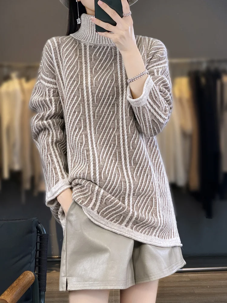 

Women's High-Necked Cashmere Sweater, Jacquard Knitted Sweater, Korean Version of Long Wool Bottoming Shirt, Autumn and Winter