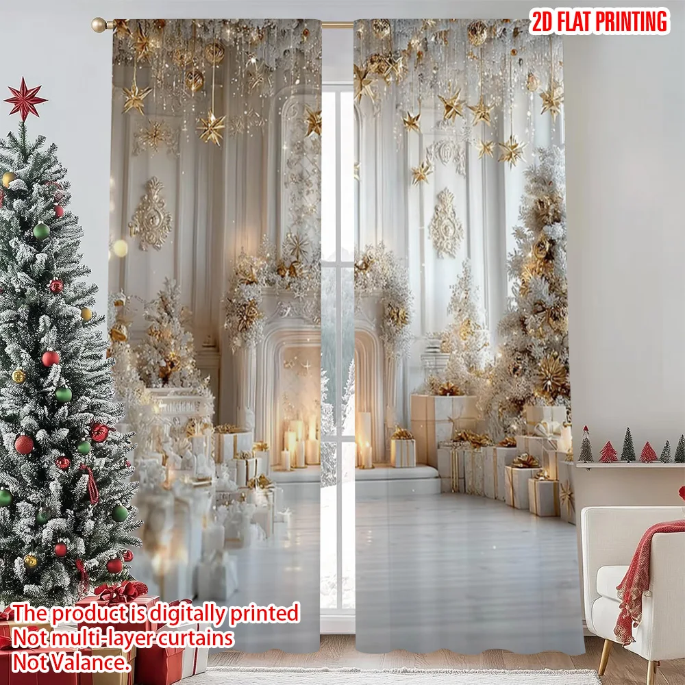 

2pcs 2D flat printing Christmas Window Drapes White fireplace tree Durable Polyester Without Electricity Spring Party & Holiday
