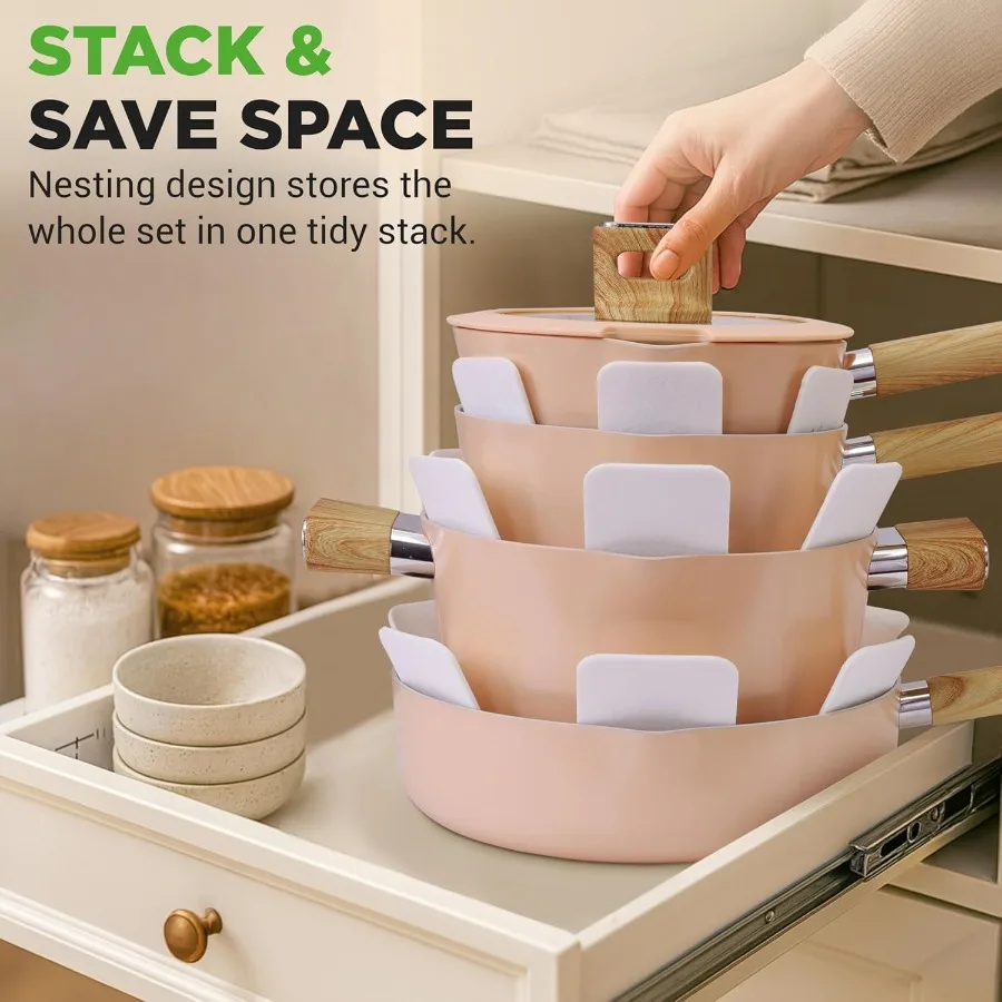 14Piece NonStick Ceramic Cookware Set for Induction Cooking with Glass Lids and CoolTouch Handles Ensures Even Heat Distributio