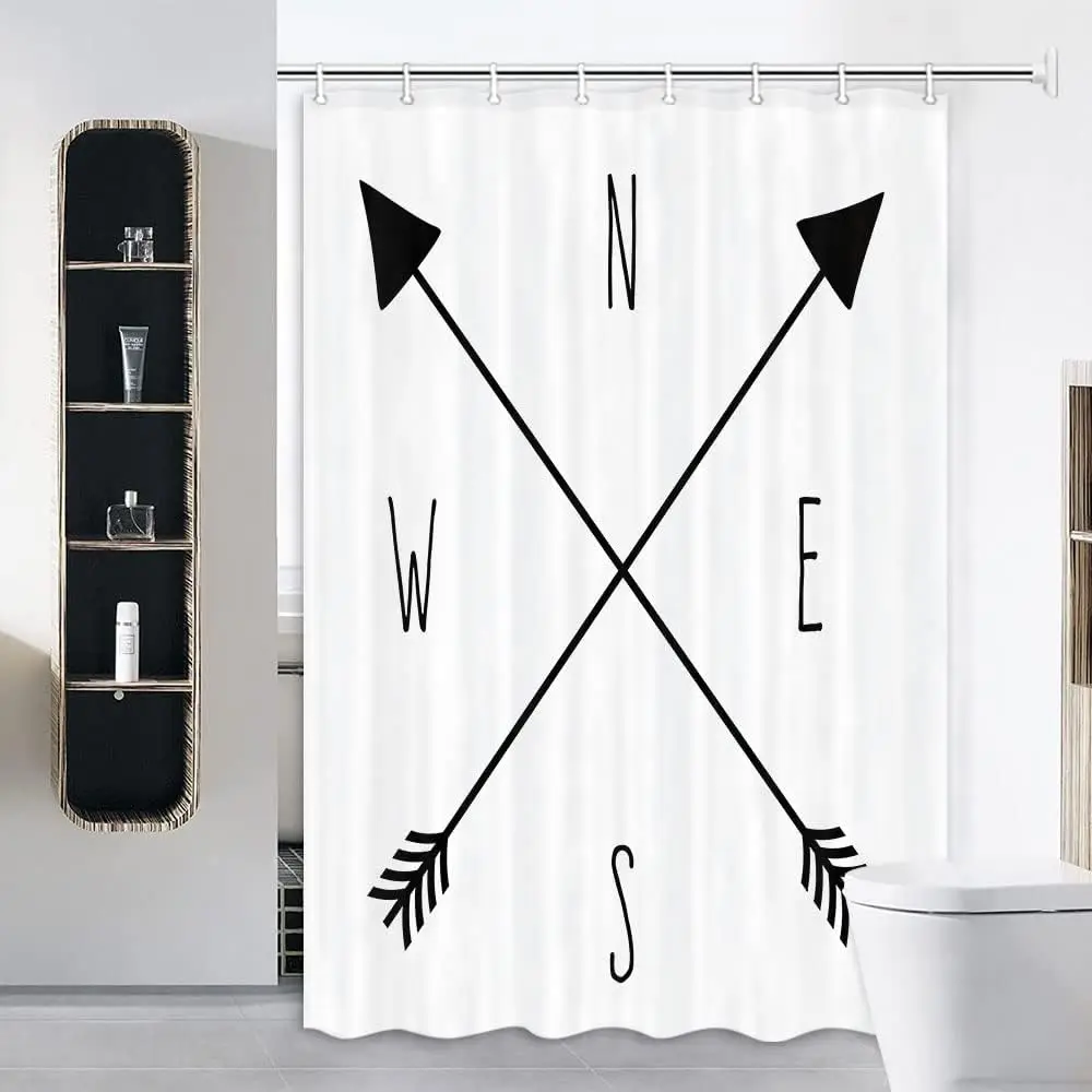 

Curtain for Camper Trailer Camping Bathroom, Compass and Arrows N - S - E - W, Shorter and Narrow Shower Curtain with Hooks Set,
