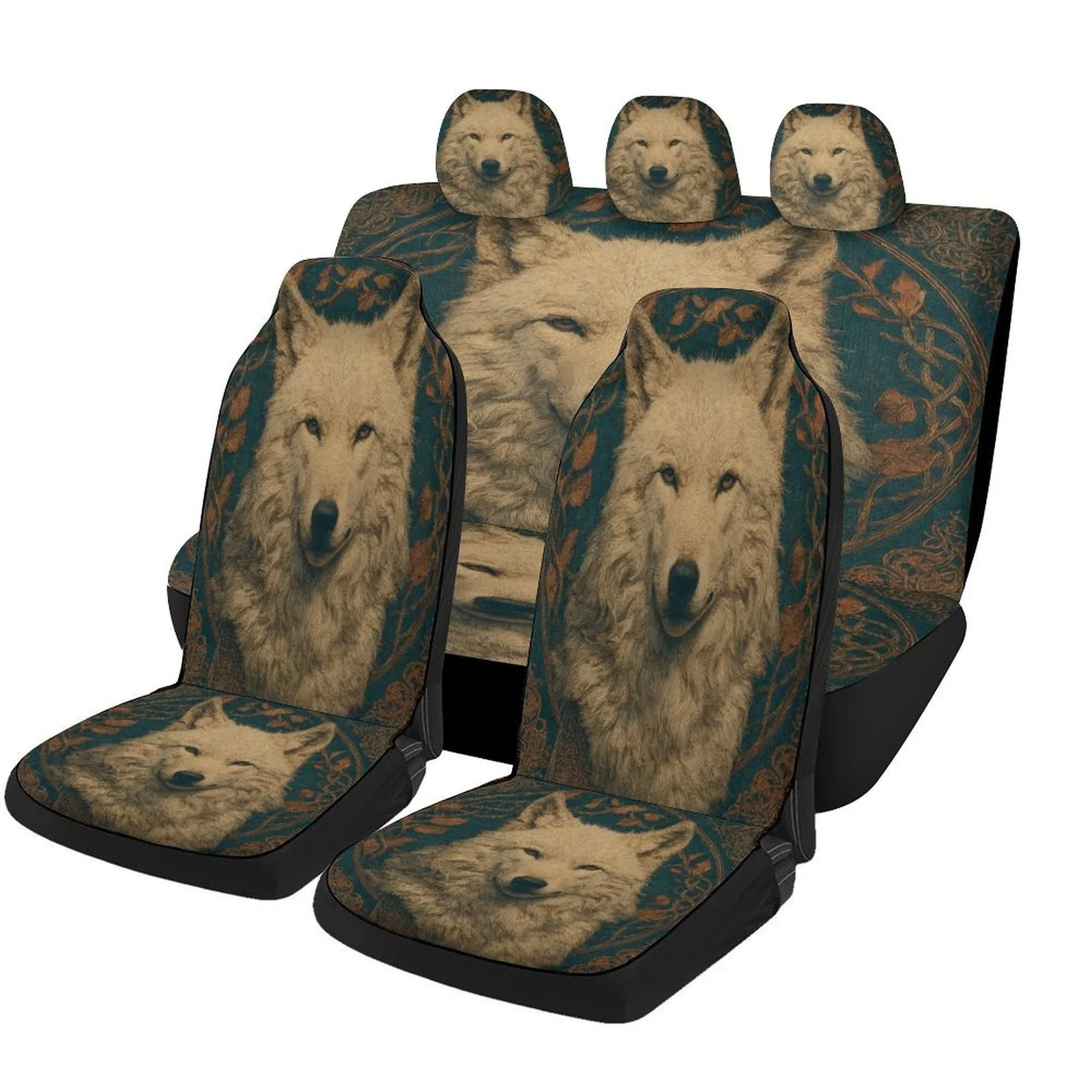 Car Seat Cover Set Featuring A Wolf Portrait, Suitable For Various Vehicles. Stylish And High-Quality Seat Protectors, Complete