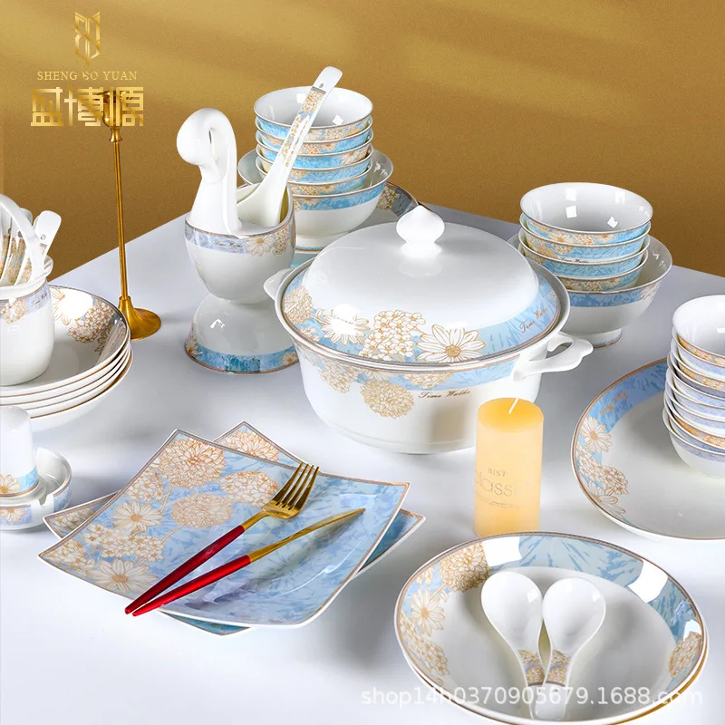 

Chinese Bone Porcelain Tableware Ceramic Bowl and Plate Household Light Luxury Ceramic Bowl and Plate Set Household Combination