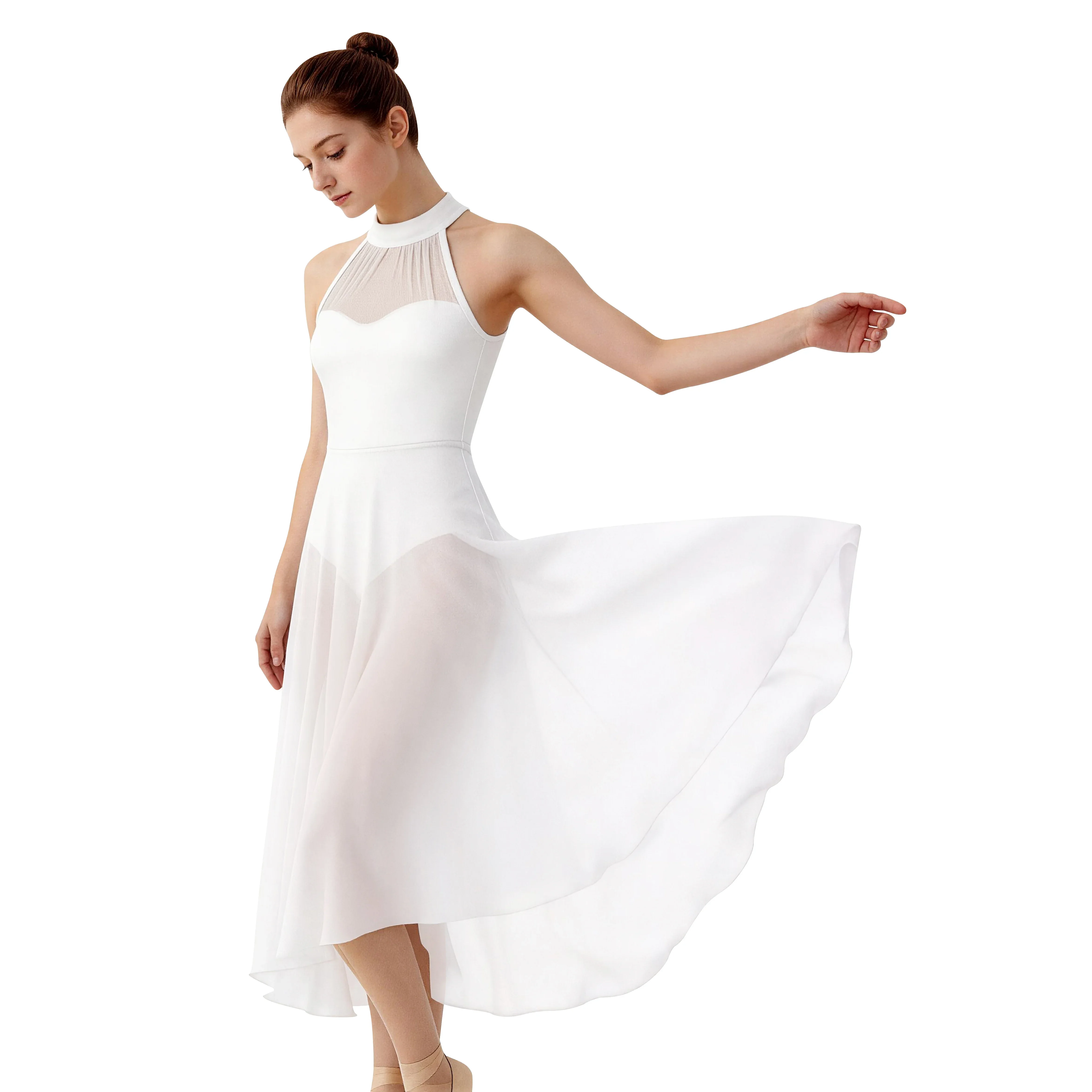 Lyrisches Tanzkostüm für Frauen Weißes Zeitgenössisches Tanzkleid Asymmetrisches Fließendes Ballett-Tanzoutfit – Detail 3