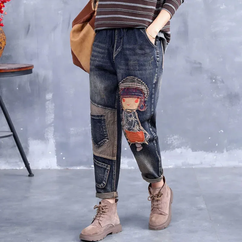 New Fashion Women's Jeans Spring Autumn Elastic Waist Casual Haren Pants Large Size Stickers Embroidered Female Denim Trousers