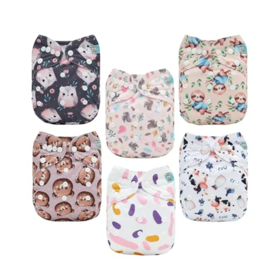 

ALVABABY Baby Cloth Diaper 6 Pack with 12 Inserts One Size Cloth Diaper Covers Adjustable Washable Reusable for Baby Girls and
