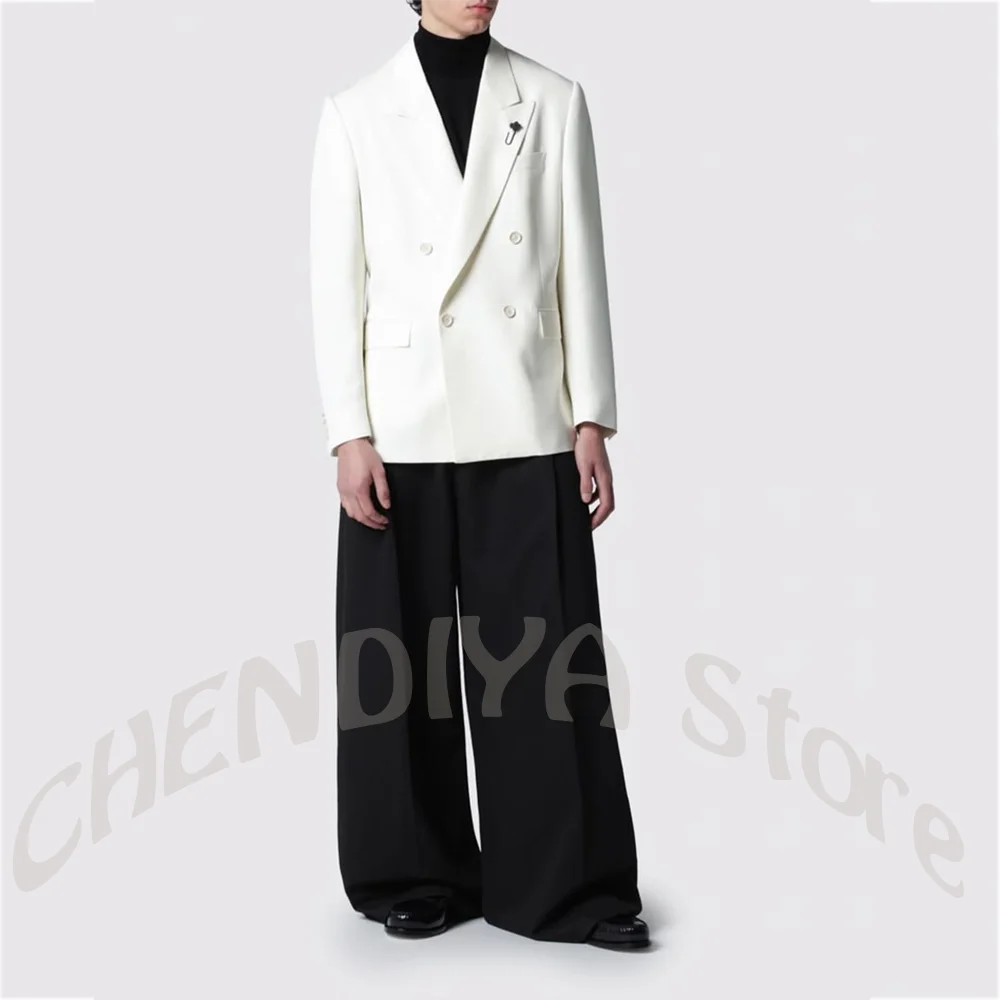 

White Double Breasted Blazer with Black Wide Leg Pants 2 Piece Men Suit Set Formal Business Outfit Prom Party Streetwear Fashion