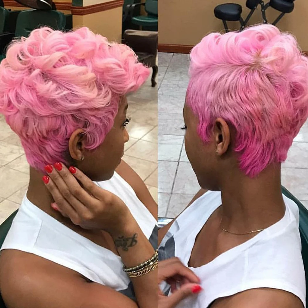 

Розовые вьющиеся парики с стрижкой пикси, человеческие волосы, 100% натуральные, реалистичные, полностью машинное производство для женщин, весенние завитки, короткие волосы боб